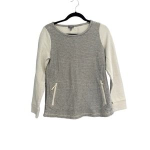 T by Talbots Women’s Gray Cream Stripe Sweatshirt Top Zip Pockets Size Medium